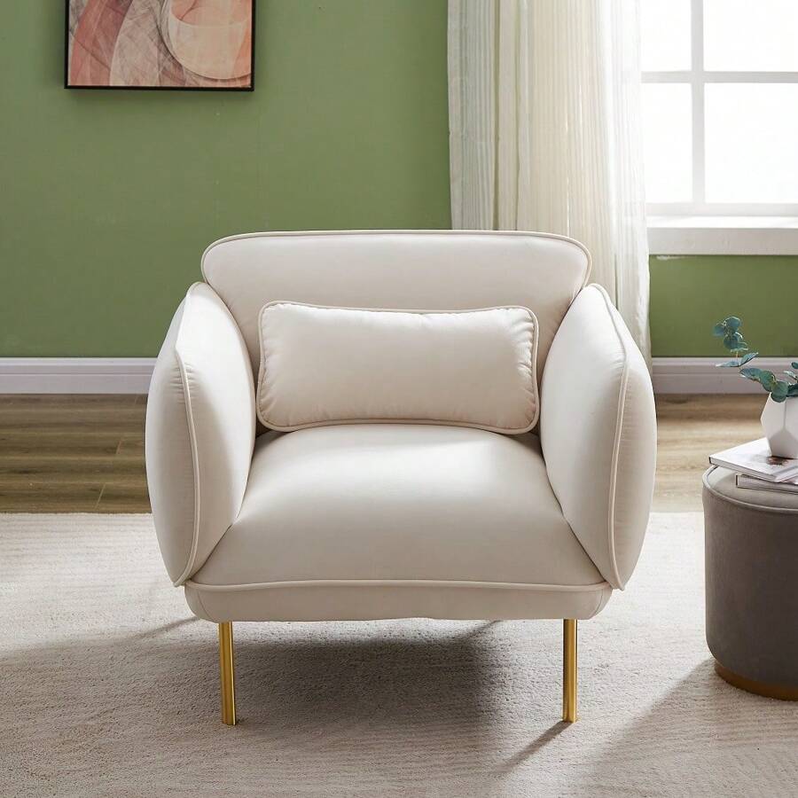 Luxurious Oversized Accent Armchair With Velveta Upholstery And Sleek Metal Legs, Spacious Single Sofa Chair For Elegant Home Decor, Living Room, Bedroom, Apartment – Sturdy & Comfortable - 米色 - 查看 1