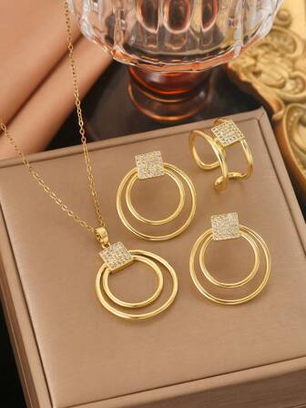 4入組/套18K鍍金不銹鋼珠寶，包括立體白晶圓形及幾何形項鏈、耳環、戒指，優雅、豪華、復古、韓國風、時尚、多功能，適合贈禮、日常、街頭、工作、派對、慶祝、節日等多種場合，適合女性。