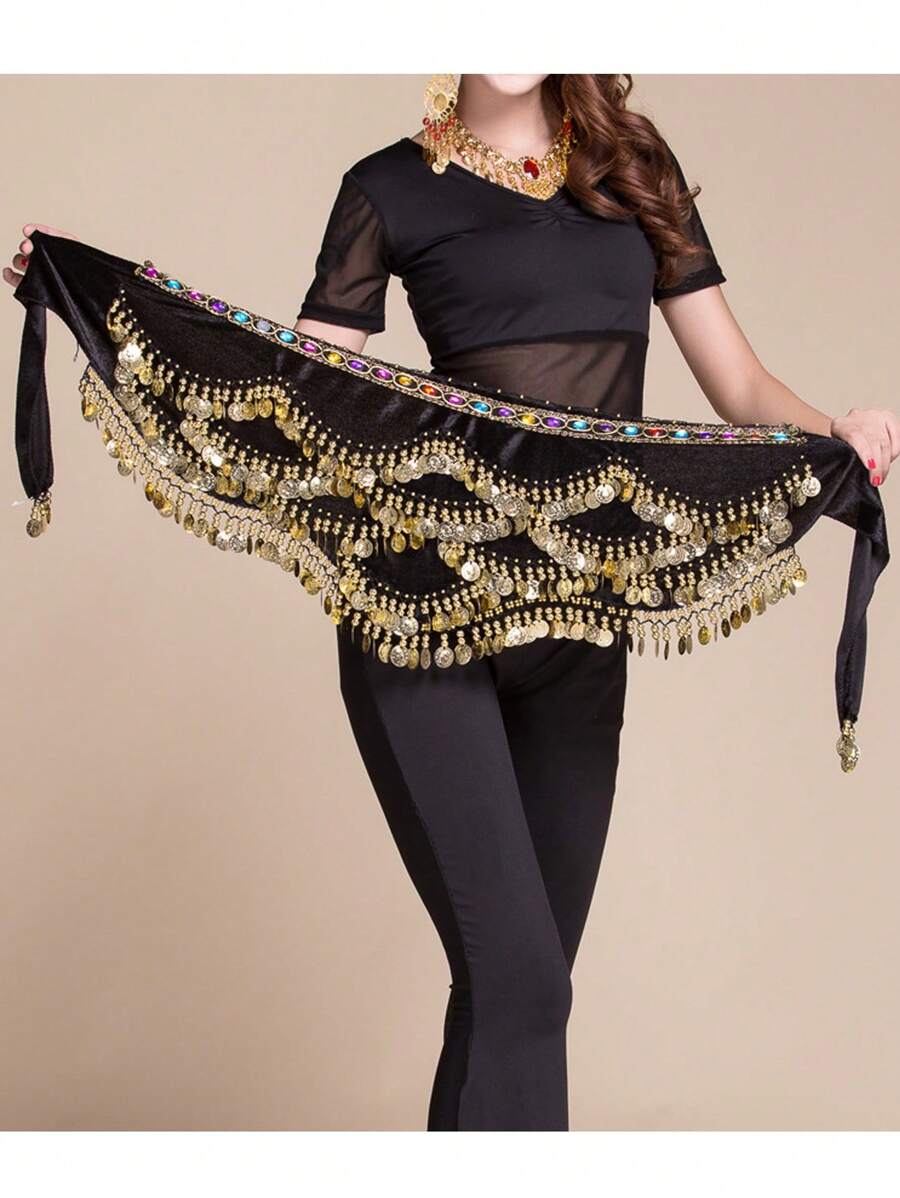 Belly Dance Practice Costume New Sequins Fringe Hip Scarf With Gold Coins, Extra Long And Thick Weighted Waistband Halloween Fall, Autumn, Halloween - Color Waist Chain - View 1