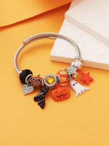 1pc Exaggerated Pumpkin, Ghost, Bat Pattern, Gradient Star & Wave Geometric Beaded Stainless Steel Bracelet, Halloween Party Accessory For Women - Multicolor - View 9