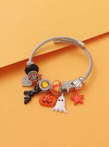1pc Exaggerated Pumpkin, Ghost, Bat Pattern, Gradient Star & Wave Geometric Beaded Stainless Steel Bracelet, Halloween Party Accessory For Women - Multicolor - View 3