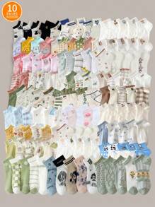10pairs/Pack Random Cute Cartoon Animal & Strawberry Patterned Women Short Socks, Comfortable And Breathable