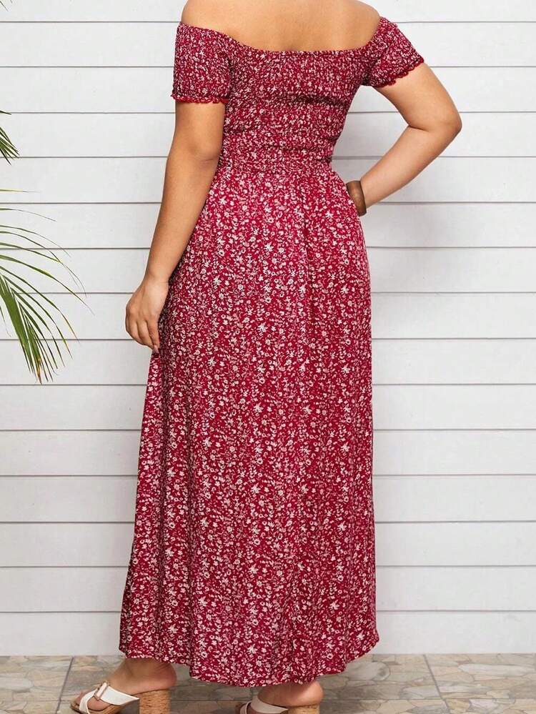 Vestido de Talla Grande para Mujer, Hombros Descubiertos Manga Farol, Bohemio Elegante de Fiesta, Cómodo y Mode - Rojo - Añade 4