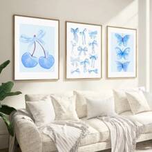Set Of 3, Fashionable Blue Cherry & Bowtie Design Wall Art Prints For Girls, Canvas Posters With College Style For Dorm Room, Watercolor Butterfly Prints For Aesthetic Room Decoration, Ideal Gift For Bedroom, Living Room, Home, And Dorm, Unframed Gifts Birthday Graduation Coastal Decor Coastal Decor Beach Decor