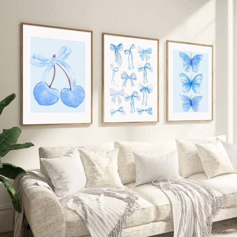 Set Of 3, Fashionable Blue Cherry & Bowtie Design Wall Art Prints For Girls, Canvas Posters With College Style For Dorm Room, Watercolor Butterfly Prints For Aesthetic Room Decoration, Ideal Gift For Bedroom, Living Room, Home, And Dorm, Unframed Gifts Birthday Graduation Coastal Decor Coastal Decor Beach Decor