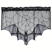 1入迷人的黑色花邊哥特式窗簾 - 突出的蝙蝠和蜘蛛網 - 並帶有骷髏裝飾，適用於萬聖節慶祝活動和鬼屋氛圍