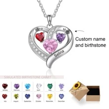 Collier de trois pierres de naissance personnalisé avec nom, collier en forme de cœur pour la confession pour petite amie, mère, meilleure amie, cadeau de fête des mères pour la famille.