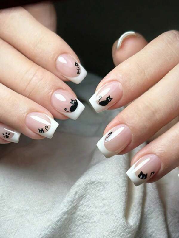 24pcs Wearing Nail Cartoon Black Cat Removable Short Square Nail French Nail Patch Cute Fake Nails With Jelly Glue And Nail File Suitable For Women. Press On Nails
