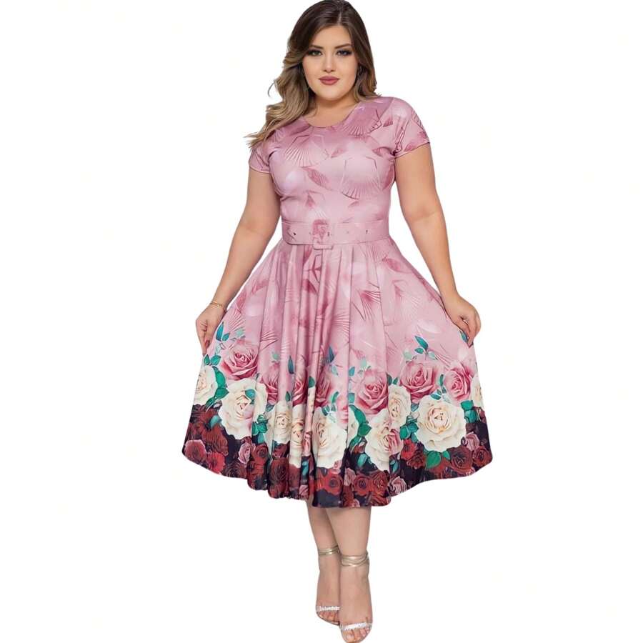 PINK FLOWERING MIDI DRESS WITH BELT - 淺粉色 - 查看 1