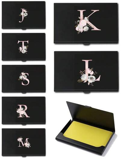 1 Porta carte di credito sottile con chiusura magnetica, con stampa floreale rosa e iniziale da A a Z, portafoglio minimalista in metallo alluminio sottile, protezione RFID, porta tessere e carte di credito, porta documenti di identità, adatto per uomo e donna, nero