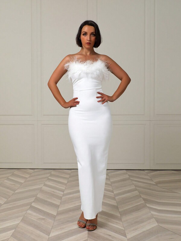 New European And American Style Sexy Sleeveless Feather Bandage Bodycon Dress For Evening Party