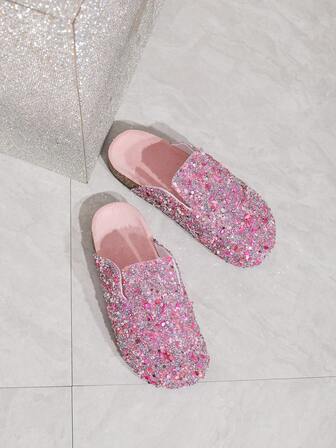 Stylish And Casual Green Rhinestone Sparkle Flat Sandals For Women, Round Toe Comfortable Beach Slippers, Summer Multi-Colored Crystal Gemstone Rhinestone Beach Outdoor Vacation Sandals For Women