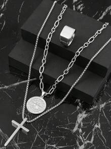 Ensemble de bijoux personnalisé à la mode composé de 3 pièces de décoration croix compas en acier inoxydable plaqué or 18k pour hommes, cadeaux de saison sportive et de rentrée scolaire