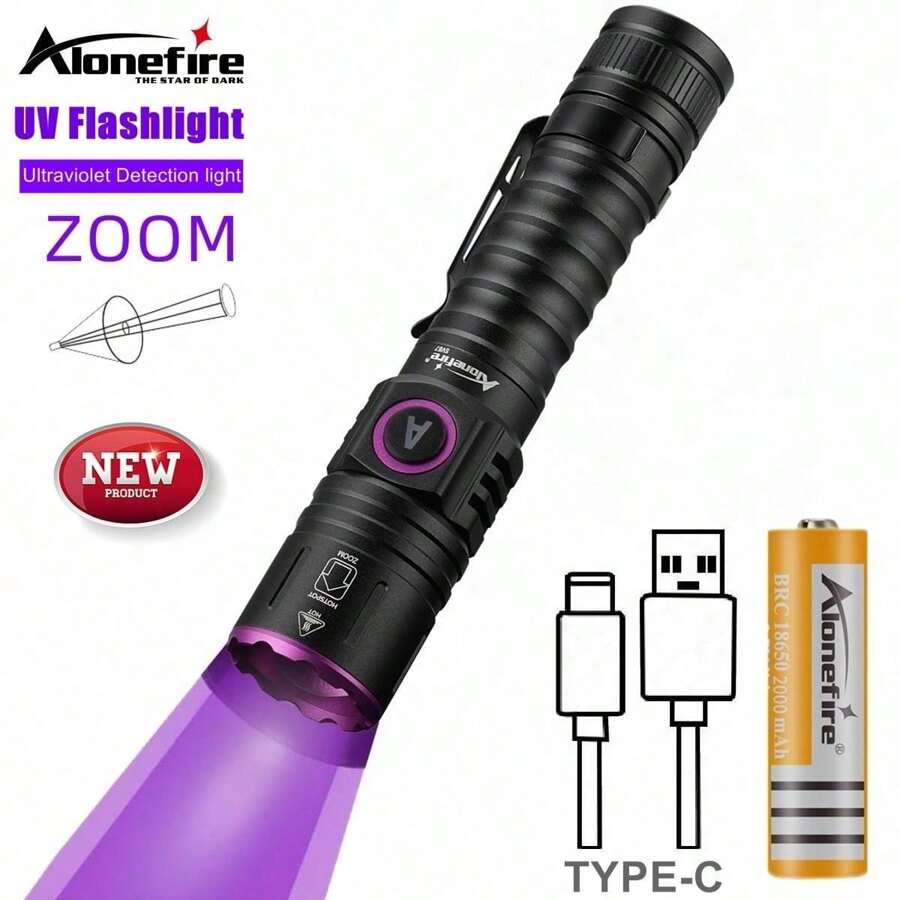 Alonefire Zoom 5W 365nm/395nm 高亮LED紫外线灯 Type-C USB 可充电大功率紫外线手电筒隐形墨水笔油渍泄漏紫外线粘合剂宠物猫狗尿渍癣矿金钱蝎紫外线荧光检测灯手电筒，露营配件