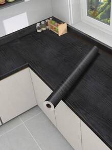 1roll Matte Black Wood Grain Stove Oil-Proof Sticker, Waterproof Self-Adhesive Kitchen Countertop Cabinet Furniture Renovation Wall Sticker, Easy-Clean Anti-Fouling Self-Adhesive Desktop Countertop Sticker Waterproof Wall Paper,For Living Room Decor,Dorm Decor,Back To School Supplies,Halloween Decor - Black Wood Grain - View 2