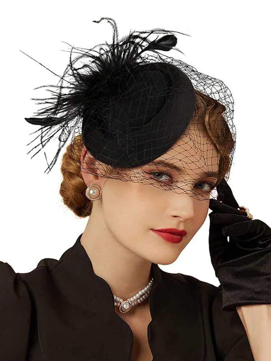 Sombreros de fascinator, sombrero de pillbox de los años 20 y 50, accesorio para la cabeza de la fiesta del té con velo para chicas y mujeres - Negro - Ver 1