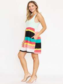 Boho Vintage Chevron Stripe Pink Yellow Navy Sleeveless Mini Poolside Cover Up Dress Small To 3 XL Plus - Màu xanh Bạc hà - Xem 3