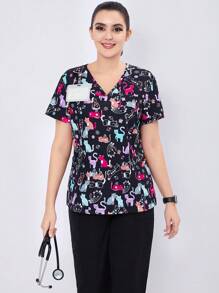 女款數字印花彈性運動護士制服短袖上衣，帶口袋和透氣刷毛手感布料 - 彩色 - 查看 5