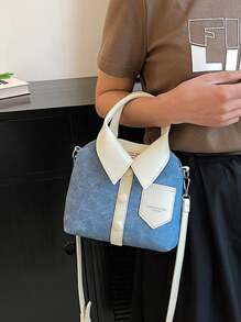 1入組香料女孩風格的袋子，造型袋，PU布質料，長肩帶襯托，手提包附簡單襯衫花樣，獨特時尚女性手持袋兼小方形斜挎袋