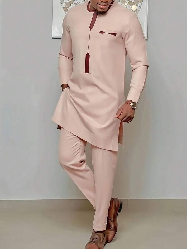 Conjunto de traje de manga larga y pantalón largo de unicolor simple para hombre