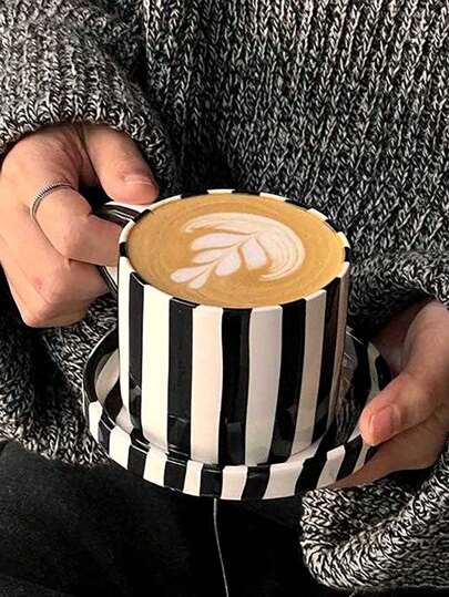 1set Nordic Striped Ceramic Cup And Saucer Set, Ins Style American Latte Coffee Cup And Saucer Set, Home Drinking Cup, Delicate Afternoon Tea Cup And Saucer Set, Festival Gift, Birthday Wishes, Party Supplies, Ideal Gift For Boyfriend And Girlfriend