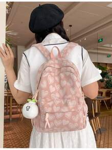 1 件女孩拉链开合简约背包，时尚百搭书包，极具吸引力，心形印花，纯色单肩包适合日常使用，返校 - 彩色 - 查看 3
