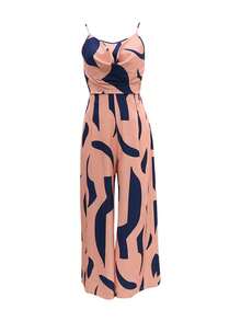 Damski kombinezon z szerokimi nogawkami i drapowanym dekoltem w geometryczne wzory, bez rękawów, lato