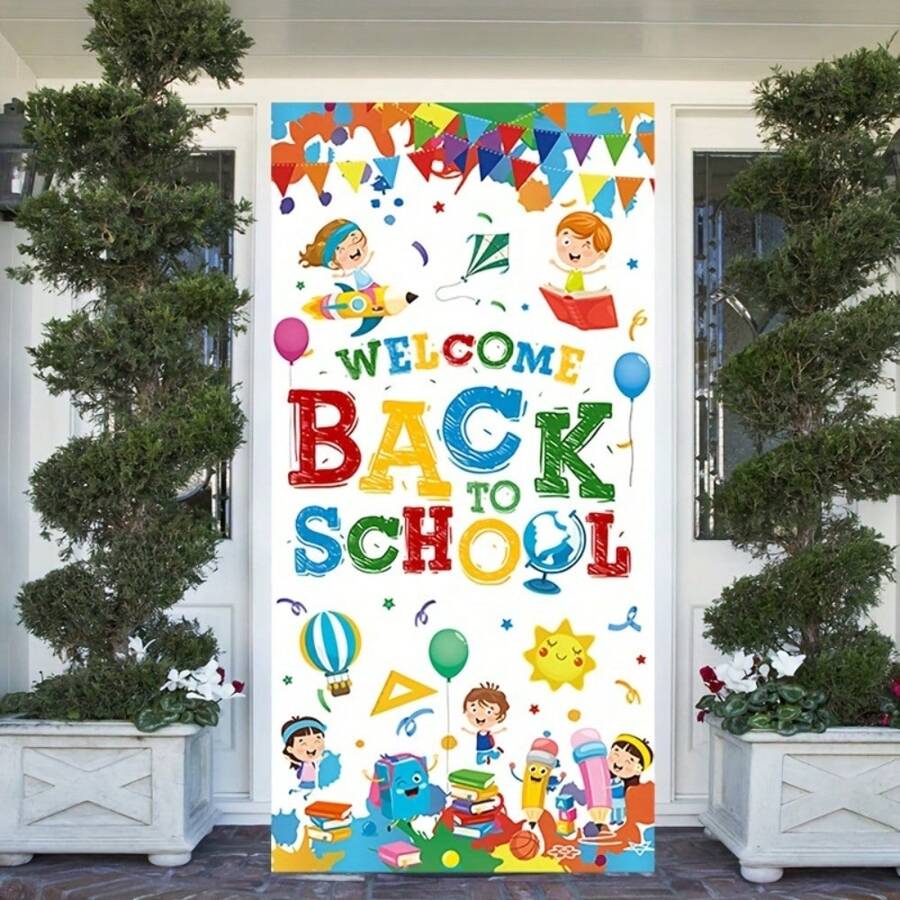 1pc Welcome Back To School Door Cover Decoration, White First Day Of School Background Banner, Party Supplies For Classroom, Indoor/Outdoor Wall Decoration