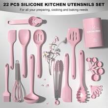 22Pcs Silicone Cooking Utensils Set, Heat Resistant Silicone Kitchen Spatulas Set With Holder, Cooking Gadgets Tools Set For Cookware, Dishwasher Safe(Pink) - Pink - View 5