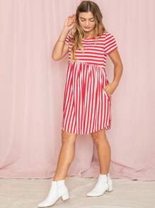 Vintage Boho Summer Fall Mustard Grey Red Blue Black Green Stripe Swing T Shirt Sleeve Southern Dress | Small-3 XL Plus - Đỏ - Xem 2