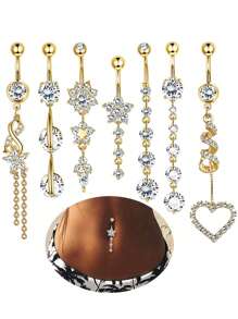 7 piezas de anillo de ombligo con colgante de flor de borla con micro incrustraciones de cobre, joyería corporal de piercing de ombligo de acero inoxidable 316 con deslumbrante circonita cúbica para el Día de los Enamorados - Amarillo Oro - Ver 14