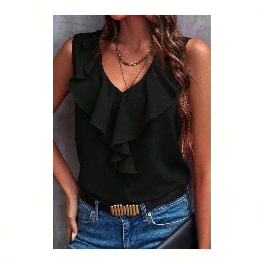 V-Neck Ruffle Trip Top - Black - View 1