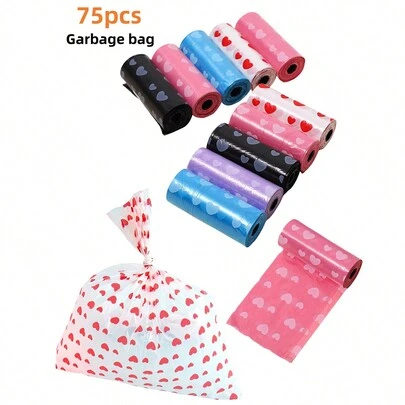 75pcs/5 Rolls Disposable Trash Bags, Heart Pattern For Baby Diaper Change, Portable For Car, Suitable For Stroller, Living Room, Bathroom, Nursery Cleaning, Random Color
