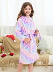Bata de baño con capucha de manga larga con estampado de puntos en forma de estrella morada y orejas de gato linda para niñas preadolescentes
