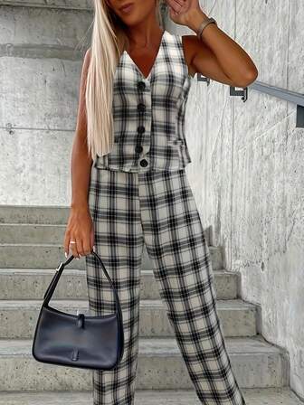 Women's V-Neck Button Sleeveless Plaid Blouse And Straight Loose Casual Pants Suit