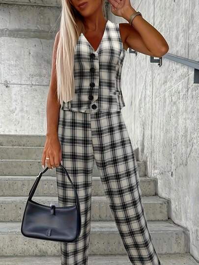 Women's V-Neck Button Sleeveless Plaid Blouse And Straight Loose Casual Pants Suit