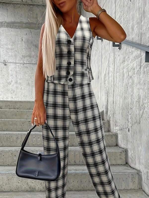 Women's V-Neck Button Sleeveless Plaid Blouse And Straight Loose Casual Pants Suit