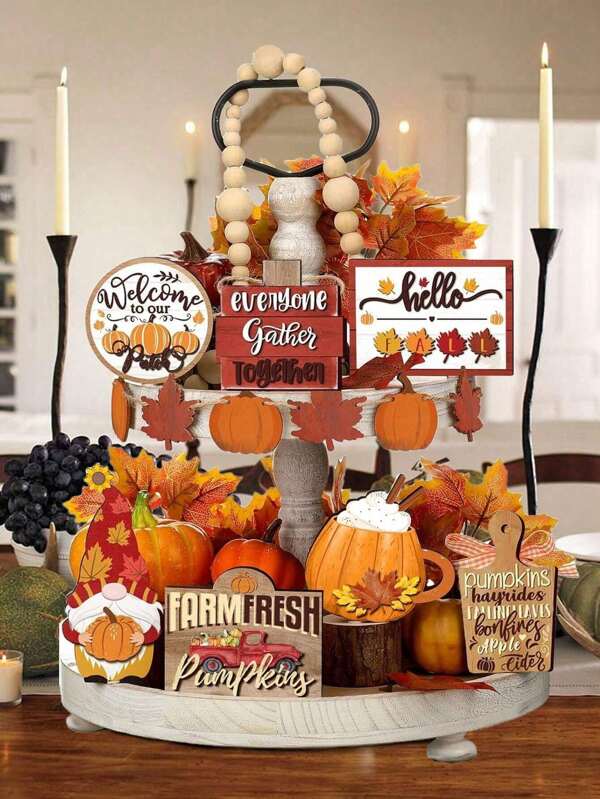 13Pcs/Set Hello Fall Wooden Tiered Tray Decorations For Autumn Holiday Thanksgiving Party Tabletop Decor,Rustic Welcome Pumpkin Mini Wooden Signs For Farmhouse Table Decor(Without Tray) Best Gifts Birthday