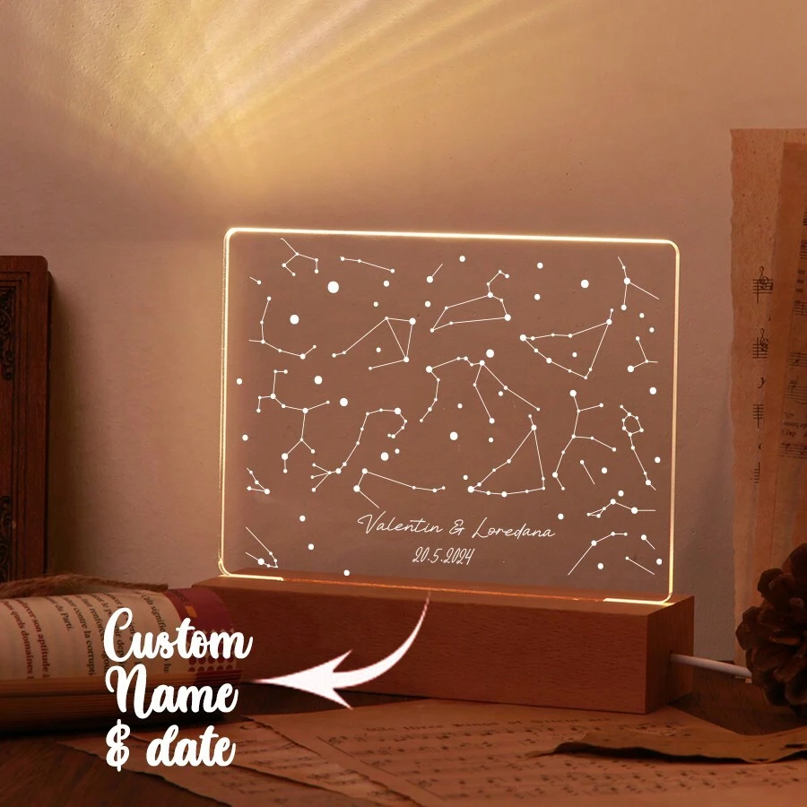 1pc Custom Name And Date Creative Gift Constellation Planet 3D Light Illusion LED Night Light 3color Light Birthday Gift Christmas Gift Valentine's Day Gift Graduation Gift For Sister Girls Or Friends Decoration Desk Lamp Woody Night Light