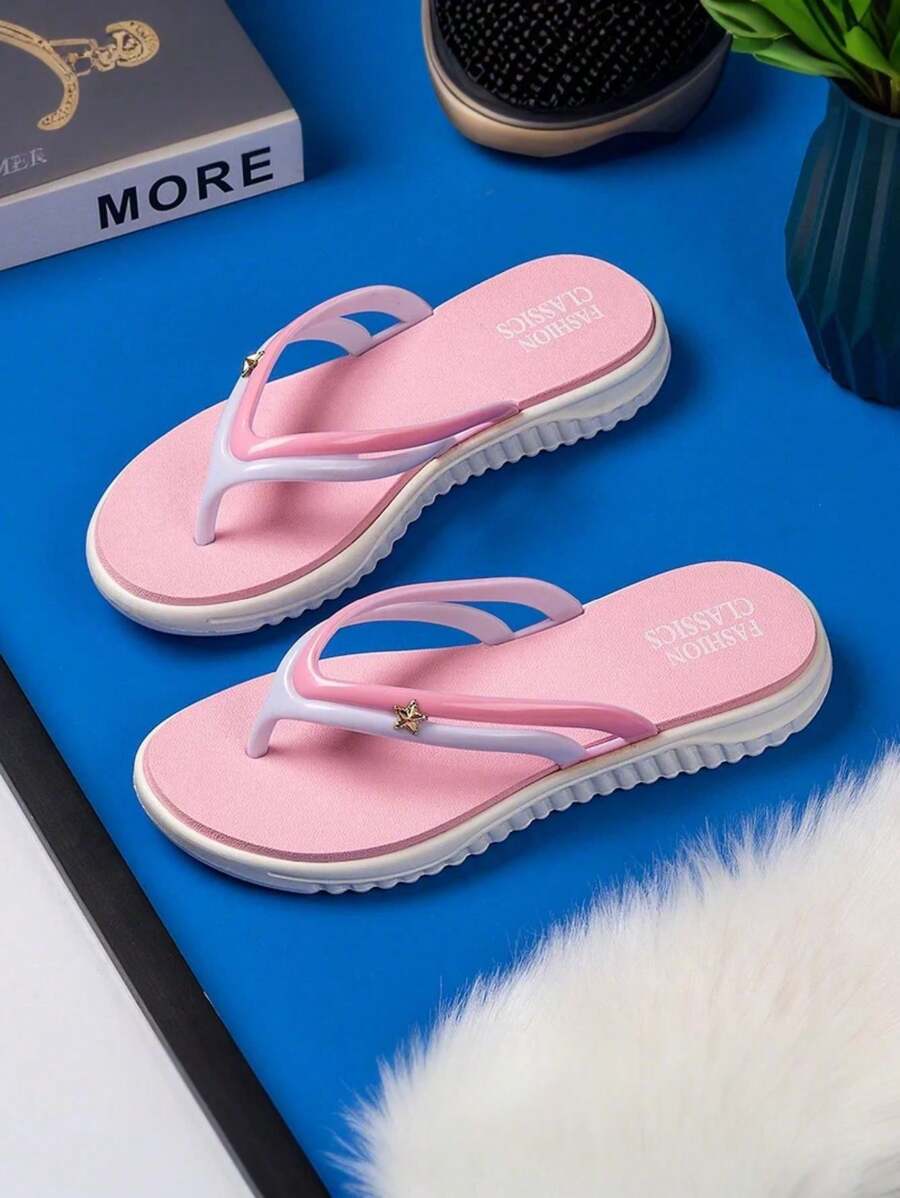 New Style Flip Flops, Summer Women Girls Beach Casual Home Korean Fashion, Anti-Slip, Breathable, Comfortable And Deodorant Shoes - 粉色 - 查看 1