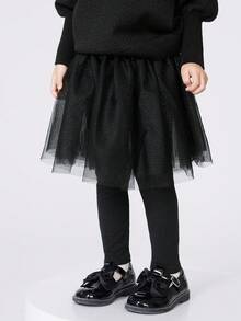 Balabala 年轻女孩秋季穿着网眼撞色打底裤，时尚靓丽 - 黑色 - 查看 3