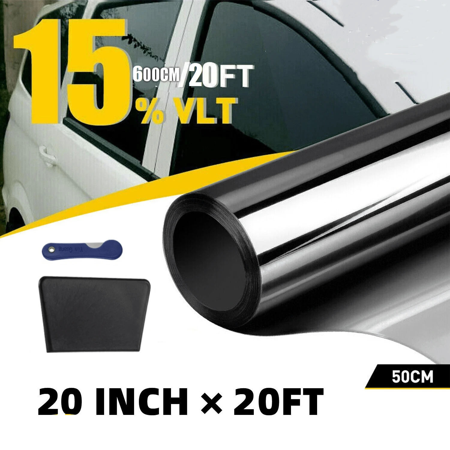 Dazone 600CM Uncut Roll Window Tint Film 15% VLT 20" X 20ft Feet For Car Home Office Glass Window UV Block Sunshade Tint Film Universal Privacy Security For Car Truck Auto- Any Size & Shade With Free Tools