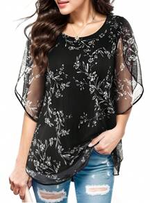Women's Round Neck 30% Slit Lotus Sleeve Elastic Mesh Printed Loose Top - màu đen - Xem 2
