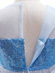 小女孩蓝色渐变亮片网眼公主裙，带可拆卸裙裾，适合派对