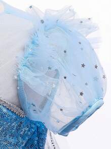 小女孩蓝色渐变亮片网眼公主裙，带可拆卸裙裾，适合派对