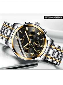 FNGEEN 1pc Men Watch Stainless Steel Luxury Button Hidden Clasp Waterproof Luminous Date Sports Watch