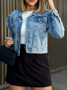 Kissmelady 0033 jaqueta jeans feminina casaco blusa casaco bulsas feminina de frio manga longa 0033 - Lavagem Média - Visão 4