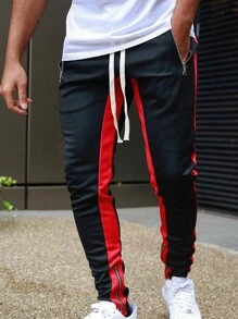 Hombres Pantalones con cintura con cordón y costura lateral en contraste - Rojo - Ver 5