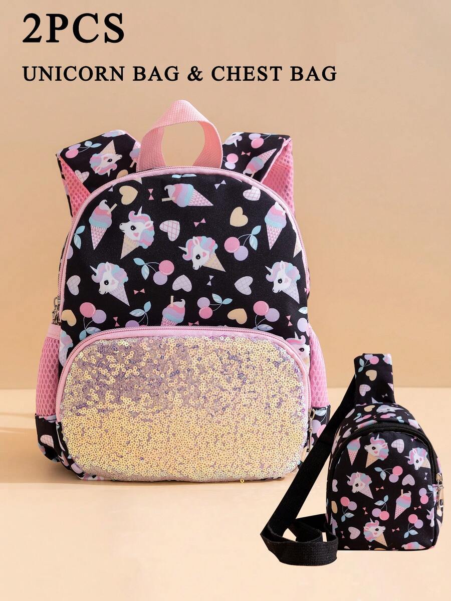 2pcs Kids' Unicorn Glitter Backpack, Large Capacity School Bag, Suitable For Girls' Back-To-School Daily Use - Black - View 1