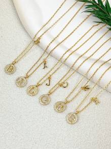 1 pieza Collar con colgante elegante zirconia cúbica minimalista 26 alfabeto , perfecto como compromiso , boda , regalo de cumpleaños para mujeres - Dorado - Ver 1